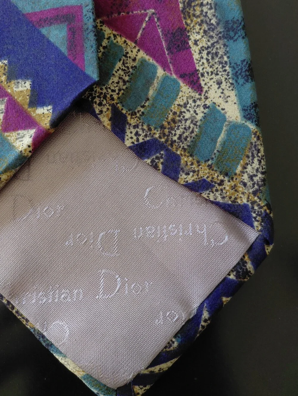 Dior Mens Geometric Purple Teal Gold Patterned Silk Tie